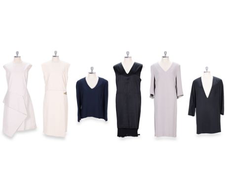 A GROUP OF FIVE SALVATORE FERRAGAMO DRESSES AND ONE BLOUSE
Comprising a beige cotton dress with side zipper and button closur