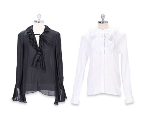 TWO GIVENCHY LONG SLEEVE RUFFLED BLOUSES
Comprising a black blouse with plunge neckline and ruffles, hook and tie fastening, 