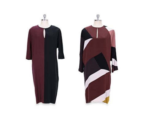 TWO FENDI 3/4 SLEEVE DRESSES
Comprising a burgundy and black colorblock dress, Fendi cube button on front, round keyhole neck