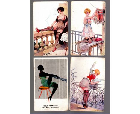  Glamour cards x 4 naughty ladies, colour, bit grubby                                                                        