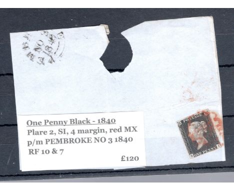   Penny Black – Plate 2, SI, 4 margin, red MX, on piece, p/m PEMBROKE NO 3 1840. RF 10 &amp; 7.    R£90                    