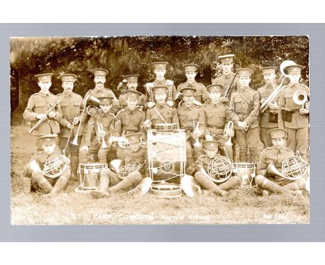  Military card 1910 OTC Camp Tidmouth with Harrow School Regiment Band with instruments RP   R£9