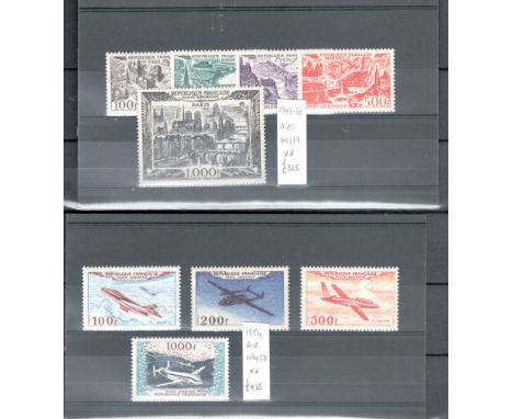  France Airs Key fine MUH early post war issues: 1949/50 hi vals to 1000F Paris view; 1954 jet planes to 1000F. 9v Cat £750  