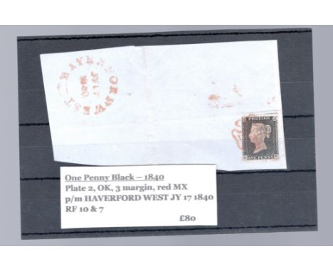  1840 1d Black – Plate 2, OK, 3 margin (touched upper left), red MX, on piece p/m HAVERFORDWEST JY 17 1840.                 R