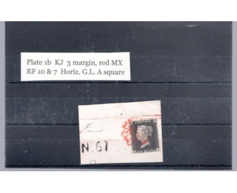  1840 1d black plate 1b, KA, 3 margin, red MX, hgl A square on piece                                                  R£60 