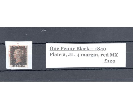  Penny Black 1840, Plate 2, JL, 4 margin, red MX, on piece.                                                                  