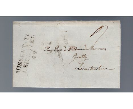 Leicestershire, MISSENT TO/LEICECESTER/97 on 1844 wrapper.                                                     R£15 