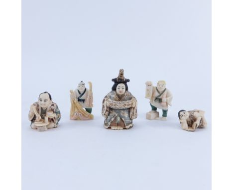 Collection of Five (5) Carved Japanese Ivory Netsuke. Some signed. Good condition. Measures approx. 1-1/2" - 2-3/4". We Will 