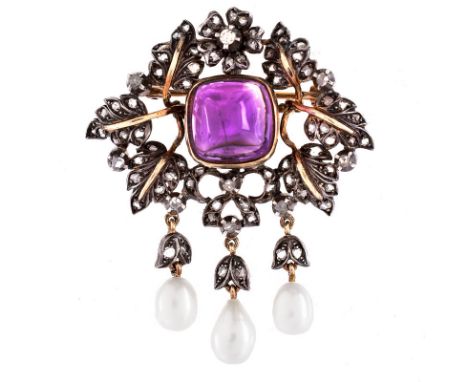 Antique Rose Cut Diamond, Sugarloaf Cabochon Amethyst, Baroque Pearl and Silver Topped 14 Karat Yellow Gold Brooch. Amethyst 