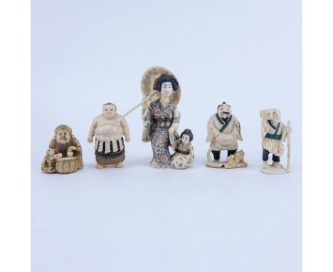 Collection of Five (5) Carved Japanese Ivory Netsuke. Some signed. Good condition. Measures approx. 1-1/2" - 3-1/2". We Will 