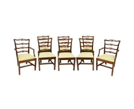 Set of Eight (8) 19th Century Mahogany and Upholstered Ladder Back Dining Chairs. Includes: six side chairs and two arm chair