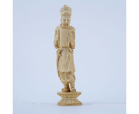 Antique Chinese Carved Ivory Figure "Wise Man". Signed. Minor age hairline or in good condition. Measures 12" H. We Will Not 