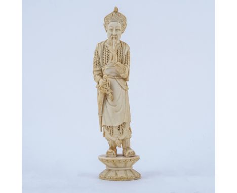 Antique Chinese Carved Ivory Figure "Emperor". Signed. Typical age cracks, glue residue on one foot or in good condition. Mea