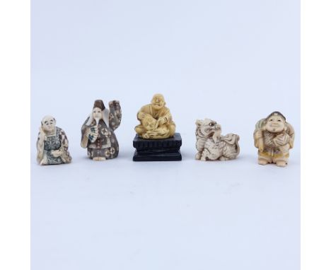 Collection of Five (5) Carved Japanese Ivory Netsuke. Some signed. Measures approx. 1-1/2" - 2". We Will Not Ship This Item O