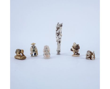 Collection of Six (6) Carved Japanese Ivory Netsuke. Some signed. Good condition. Measures approx. 1-1/2" - 5"". We Will Not 