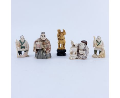 Collection of Five (5) Carved Japanese Ivory Netsuke. Some signed. Good condition. Measures approx. 1-1/2" - 2-3/4". We Will 