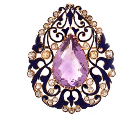 Vintage Circa 1940s Approx. 2.50 Carat Old Mine Cut Diamond, 10.0 Carat Pear Shape Amethyst and Enameled 18 Karat Yellow Gold