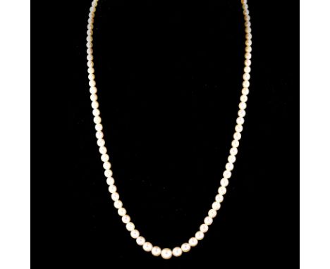 Antique Single Strand One Hundred Six (106) Graduated White Pearl Necklace with 14 Karat White Gold Clasp. Pearls with good p