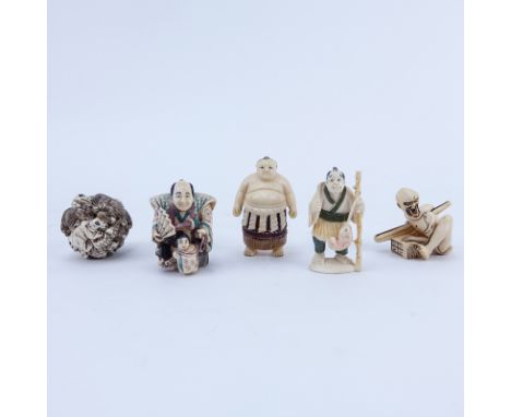 Collection of Five (5) Carved Japanese Ivory Netsuke. Some signed. Good condition. Measures approx. 1-1/2" - 2-3/4". We Will 