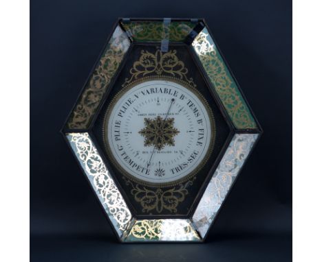19th Century Reverse Painted Hexagonal  Eglomisé Barometer. Some losses to case, rubbing and discoloration. Measures 23-5/8" 