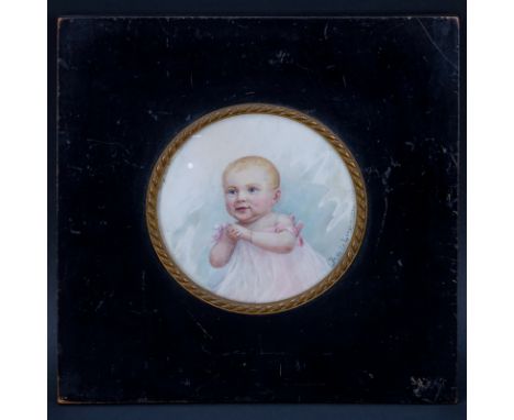 Early 20th Century French Portrait Miniature "Baby Girl". Signed B. de la loe Longuiniere. Good condition. Measures 4-5/8" Di