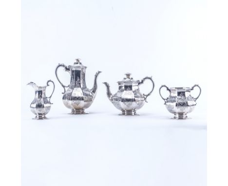 Four (4) Piece George John Richards Mid 19th Century English Silver Tea And Coffee Service. Decorated with scroll and foliate