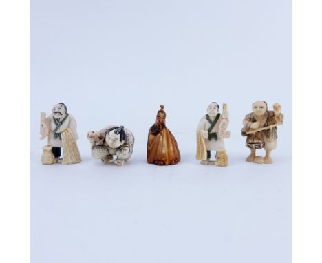 Collection of Five (5) Carved Japanese Ivory Netsuke. Some signed. Good condition. Measures approx. 1-1/2" - 2". We Will Not 