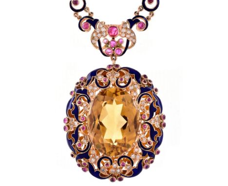 Circa 1950s Approx. 50.0 Carat Oval Cut Citrine, 5.0 Carat Cabochon Ruby, 2.0 Carat Round Brilliant Cut Diamond and Enameled 
