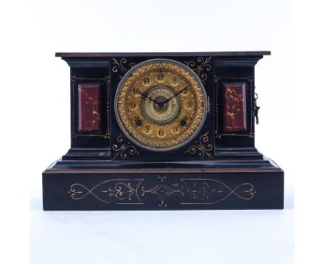 Victorian Ansonia Slate Mantel Clock. Hand painted gold décor, inset marble panels. Signed. Not running, key included. Losses
