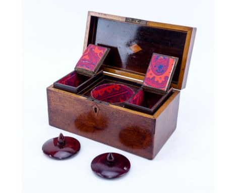 Antique English Tea Caddy, Parquetry Inlaid Top with Mother of Pearl en center. Two compartments, possibly missing insert. Li