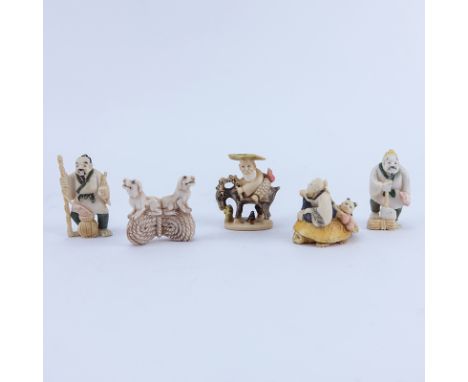 Collection of Five (5) Japanese Carved Ivory Netsuke. Some signed. Good condition. Measures approx. 1-1/2" - 2-3/4". We Will 