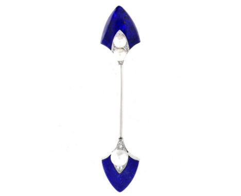 Art Deco Pearl, Diamond, Lapis Lazuli and 14 Karat White Gold Stick Pin Brooch. Unsigned. Pearls measure 5mm and 7.5mm. Brooc