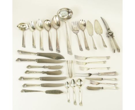 Impressive 182 Piece Set of OKA Kaldenback Sterling Silver Flatware in Custom Wood Chest. The set includes 12 dinner forks, 8