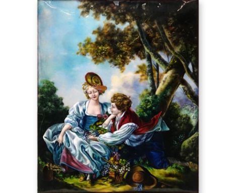 Limoges Enamel Painting On Copper "L'Automne (d'apres Boucher)". Signed R. Restoueix. Signed lower left, label en verso. Good