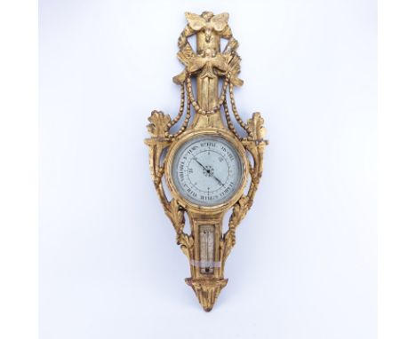 19/20th Century French Louis XVI Style Carved Giltwood Barometer with Kissing Doves. Splits to wood and losses consistent wit