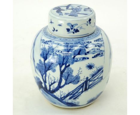 19th Century Kangxi Chinese Blue And White Figural Covered Ginger Jar. Signed. Good condition. Measures 9-1/8" H. Shipping $6