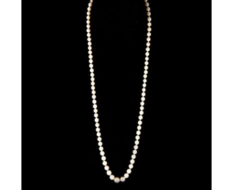 Antique Single Strand Ninety One (91) Graduated White Pearl Necklace with 14 Karat White Gold Clasp. Pearls with good polish 