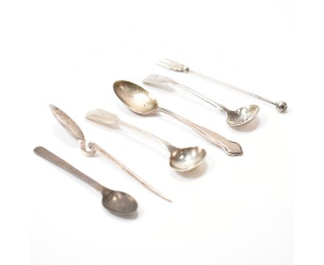 An assortment of silver hallmarked items to include two Victorian mustard spoons (hallmarked 1839 and 1838), a cochlear spoon