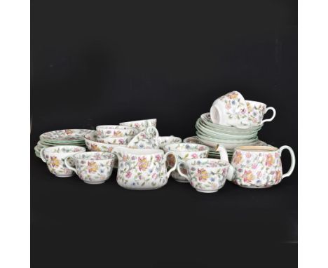 Minton Haddon Hall pattern part tea service, including milk jug, open sucrier, teacups and saucers, dessert plates etc