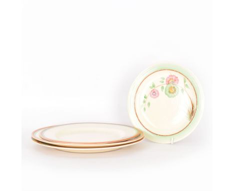 Four Clarice Cliff plates, to include Bizzare Sunshine pattern plate, two Bizarre Honeyglaze pattern plates and a Corolla pat