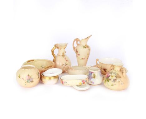 Collection of Royal Worcester ceramics, mostly blush ivory, including trinket dishes, vases, cup and saucer, etc