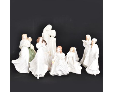 Eight Royal Doulton figures, including Fair Maiden, Across the Miles, Christmas Carols etc together with two Royal Worcester 