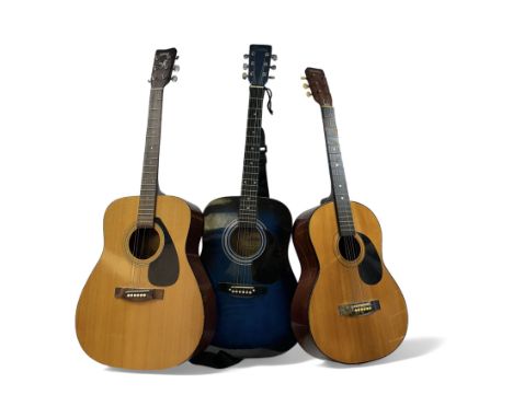 Three acoustic guitars, comprising Yamaha FX-310, Hohner MW-300 and Encore EN155BLMOFT