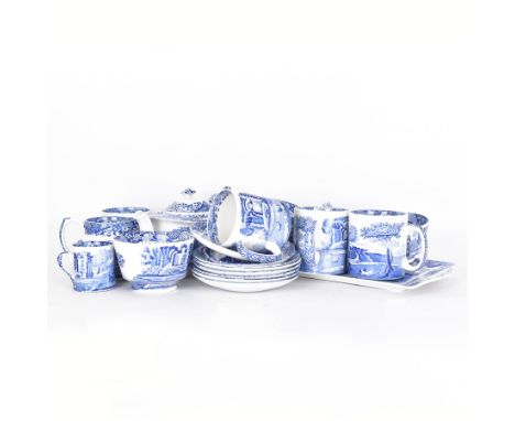 Spode Italian pattern tea service, comprising teapot, milk jug, open sucrier, six cups and saucers, two coffee cans and sauce