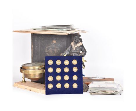Collection of martime and shipping collectables, including brass cased gimbal compass, marked Castle & Co, Hull, cast iron Br