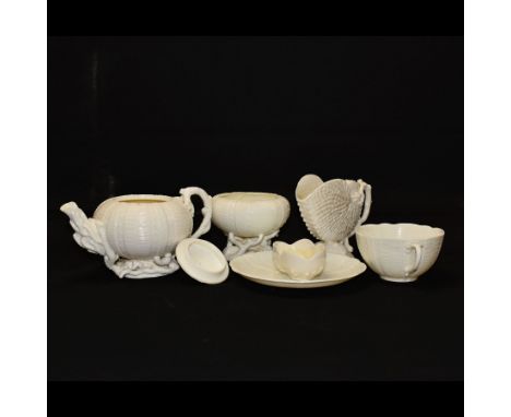 Belleek Sea Urchin teapot and sugar basin, together with Belleek Nautilus jug, small dish, teacup and saucer