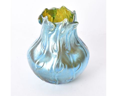Loetz 'Neptun' glass vase, of baluster form with relief moulded foliate decoration and overlapped leaf rim, with a blue iride