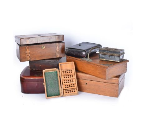 Group of wooden boxes and tins, including oak two compartment cigarette box, money tins, inlaid tea caddy, etc