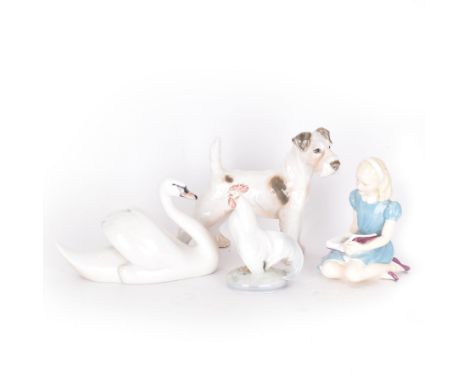 Three Royal Copenhagen figures, Terrier No1998, Swan No755, and Cockerel No1126, together with a Royal Worcester figure, Alic