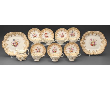 A Coalport tea service, c1835, of Adelaide shape, painted with flowers in fawn and gilt border, cream jug 11cm h, pattern 3/2